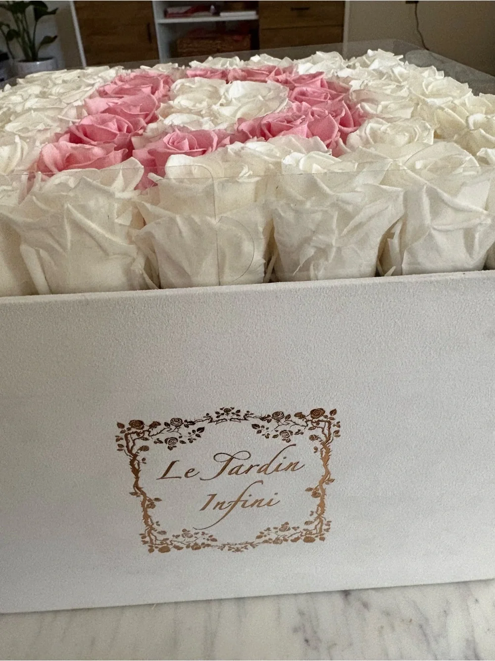 White Pink Preserved Roses Letter D   Venus Fleurs Wedding Box Arrangement